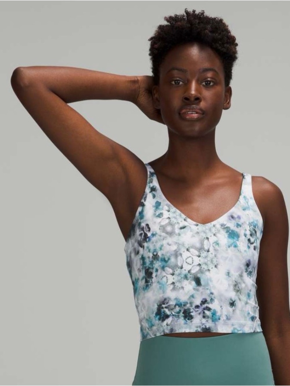 Printed V-Neck Cropped Tank Top - White Teal Print